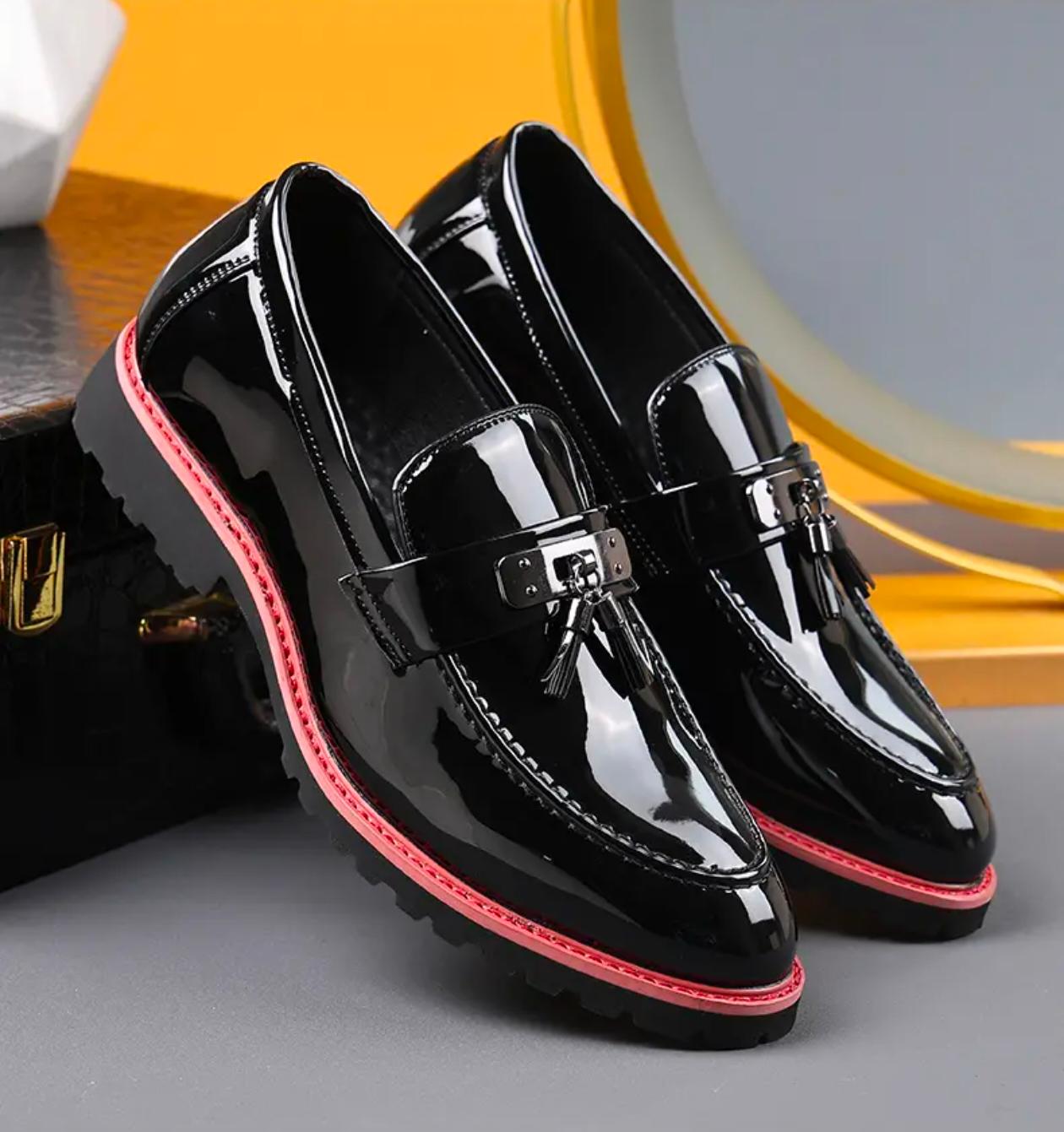 Men's Black Patent Tassel Brogue Loafers – Red Lug Sole Fashion Shoe — photo 2