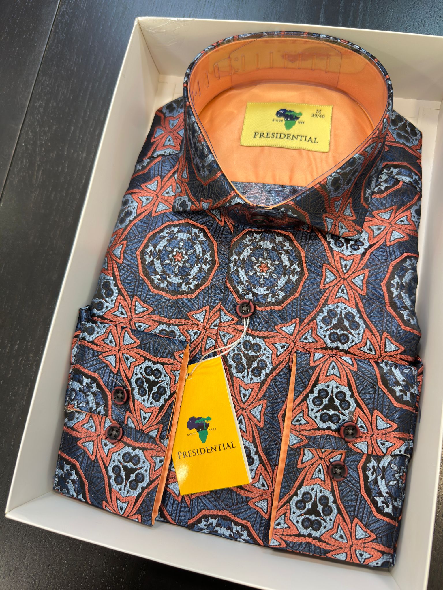 Men's Long Sleeve Shirt – Navy & Orange Geometric Mosaic Print — photo 2